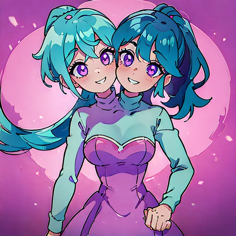(highest quality, amazing details: 1.25), (2heads:1.5), 1girl, smiling, teal hair, ponytail, violet eyes, casual wear, pink turtleneck, pink dress medium breasts, different face impressions