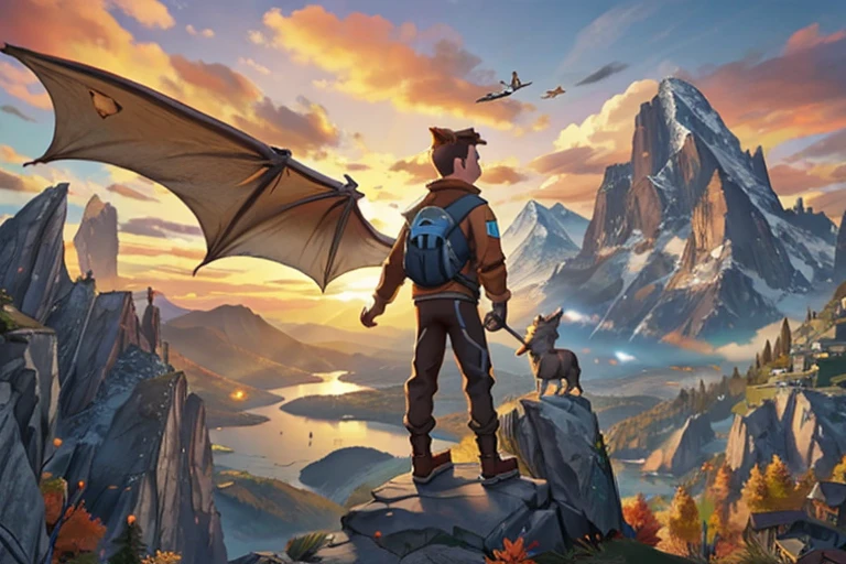 a 19 year old boy in vigilante clothes standing on the top of a clip of a mountain, several mountains on the background, sunset time, tree on the clip, a small river at the bottom,  a pet wolf on the side of the boy, the leaves of the tree are brown, a futuristic mountain bike on some distance from boy,hoverboard on the bike, dragons flying in the sky, 4k resolution, ultra realistic