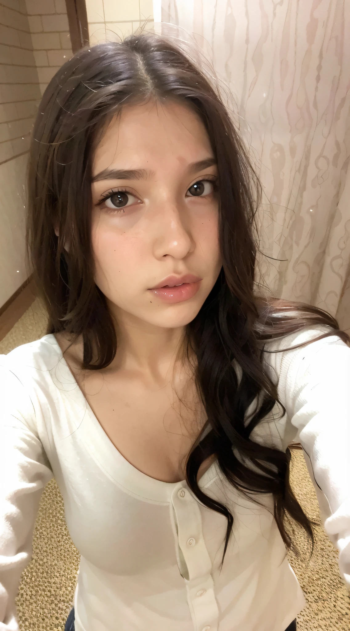 arafed woman with long hair and a white shirt taking a selfie, without makeup, 18 years old, perfect face ), 19-year-old girl, anna nikonova aka newmilky, pokimane, anastasia ovchinnikova, 2 , 8k selfie photograph, brown hair and large eyes, black hair and large eyes