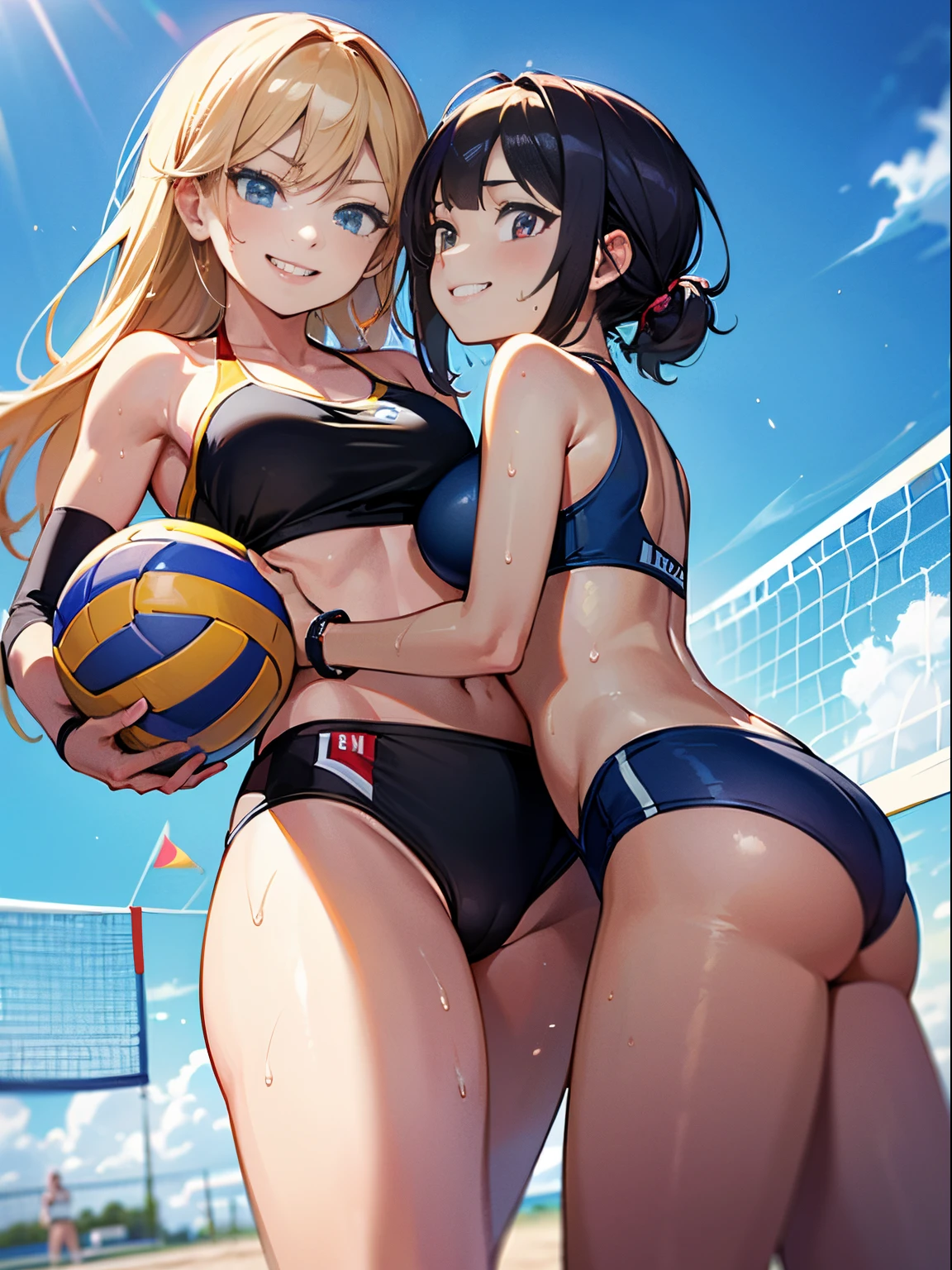 unity 8k wallpaper, anatomically correct, (((masterpiece))), (((best quality))), (((ultra detailed))), (((high-resolution))), ((super fine illustration)), detailed beautiful face, BREAK, ((2girls)), ((couple)), cheek-to-cheek, ((yuri)), 18 years old, ((potbelly)), (curvy), medium breasts, ((Thick thighs)), shiny hair, ((evil smile)), (((smirk))), ((blush)), BREAK, (((sports bikini))), swim wear, (beach volleyball uniform), ((wrist bands)), ((kneepads)), two female beach volleyball players, BREAK, ((hold the Beautiful spherical shape 6-inch volleyball )), stylish pose, ((sweat)), (perspired), (heavy breathing), sense of depth, ((in beach volleyball court)), lighting, from below, ((looking at viewers)), cowboy shot, couple focus