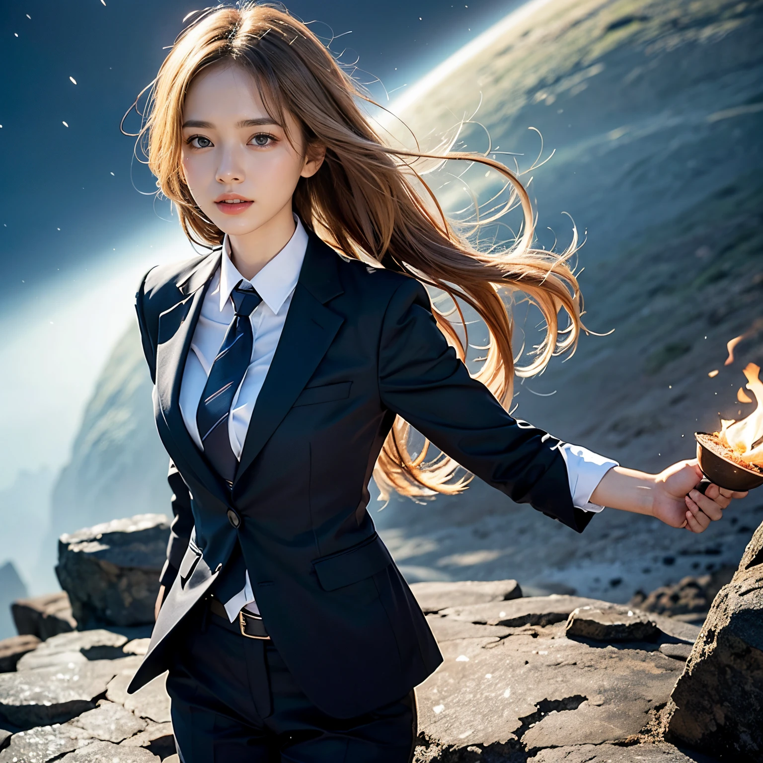 (masutepiece, Best Quality:1.2), 8K, Official art, Wearing a suit、Five Fingers Photos'Body of, full body Esbian、Lightning from a wand、Suit Beauty、Big Dipper in the background、star explosion、Beautiful barefoot woman with dark hair, hold a flame in your right hand、i#39;i'i'i'i'I'm holding a snowstorm in my left hand、Bright lava light rises above the broken Earth from beneath the asteroid belt(Jagged rock rocks and fragments shot into the air:1.3) (Storm of windy dust debris:1.1) Volume fogmist by trace Z、It can allow bright light from below to pass through、 (masterpiece) (top-quality) (detaileds) (8K) (电影灯光) (foco nítido) (Convoluted)A dark-haired、14years、small tits、A delightful、A smile、unbelievable Ridiculous, (a beauty girl, Pretty Face, arching back down, Gold hair ornament on hair、Wearing a cute suit、close up, Wearing a suit, Short sleeve, gardenia, violaceaess, spaces , Looking at Viewer, Film grain, chromatic abberation, Sharp Focus, face lights, Dynamic lighting, Cinematic lighting, Eyes and faces with detailed, Bokeh background, (Tie with Emma written on it、1 copy:1.2)