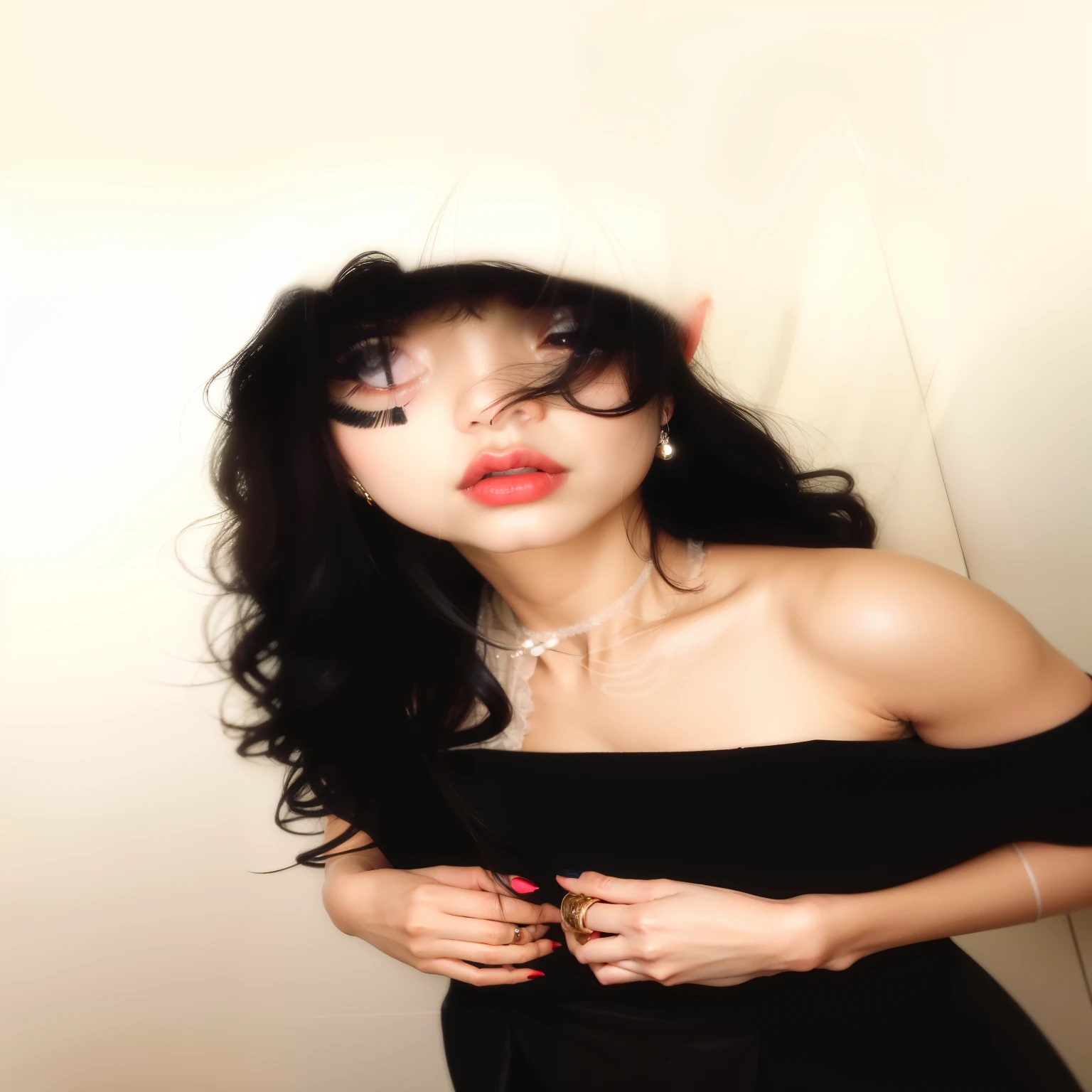 araffe woman with long black hair and red lipstick posing for a picture, portrait of jossi of blackpink, gongbi, taejune kim, cynthwave, popular south korean makeup, lalisa manobal, heonhwa choe, portrait of female korean idol, curly bangs, jossi of blackpink, blackpink jennie, beautiful south korean woman