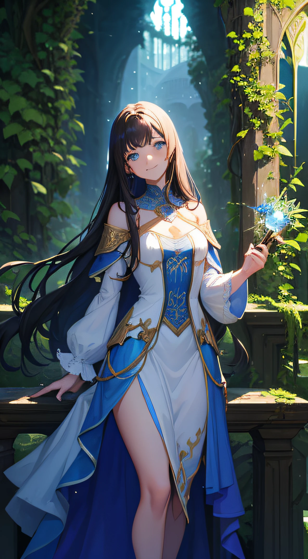 1girl, long brunette hair, big blue eyes, smiling, looking at viewer, holding a long wooden wand, intricate white dress, thighs, ruins, vines, trees, blue light particles, (magic:1.2), masterpiece, 8K, high contrast, perfect lighting, perfect clothes, perfect anatomy, perfect eyes, perfect face, sharp resolution
