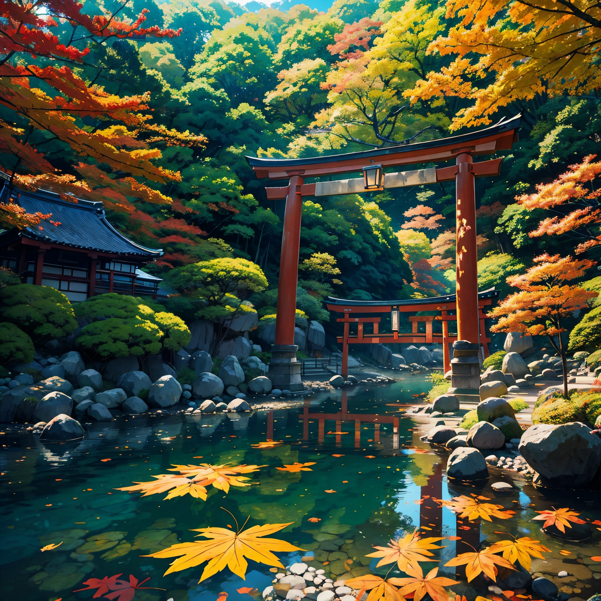 Best Quality、masutepiece、8K、Colored leaves、(jpn、Evening glow、mare)、torii gate、autumnal