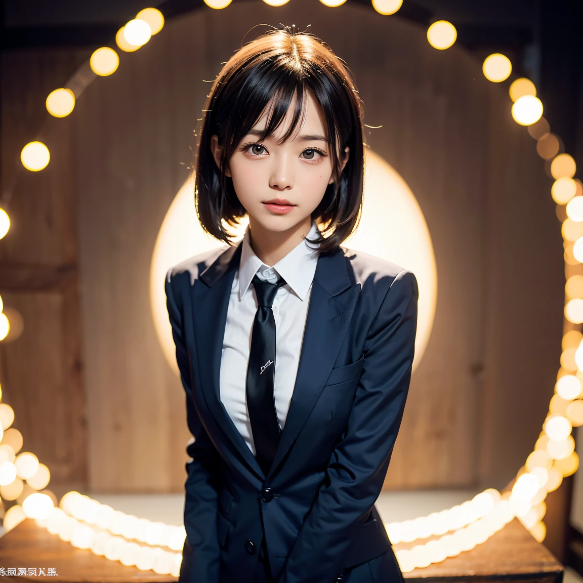 (masutepiece, Best Quality:1.2), 8K, Official art, Full body photo, full body Esbian、Emma fastening her tie.trouser、Cute smile、feet shoulder-width apart、slender and neat legs、Standing、A dark-haired、14years、small tits、A delightful、A smile、unbelievable Ridiculous, (Upper body, Dark blue suit:Cute Tie 1.4), Beautiful Girl, Pretty Face, arching back down, cute butt、Gold hair ornament on hair、Wearing a cute suit、Decide on a pose、close up, Wearing a suit, Short sleeve, gardenia, Mysterious background of Viola family, Looking at Viewer, Film grain, chromatic abberation, Sharp Focus, face lights, Dynamic lighting, Cinematic lighting, Eyes and faces with detailed, Bokeh background, (Tie with Emma written on it、1 copy:1.2)