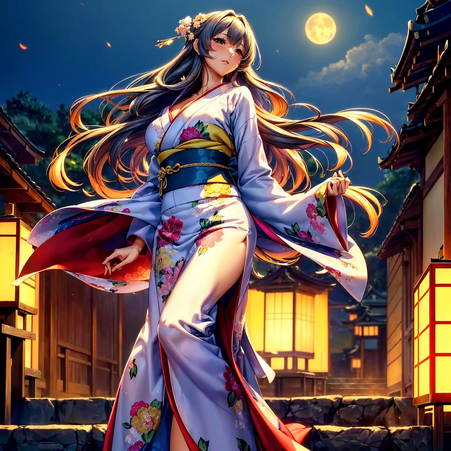 (top quality picture、masterpiece level、very high res、超A high resolution,High quality detailing)、(A 24-year-old beautiful girl with perfect and ultimate beauty..,beautiful breasts and figure,Beautiful body,美丽的面容,Strong-willed eyes:1.5)、(There are many variations of hairstyles,Bangs are neatly arranged,long straight hair on the side,Beautiful hair:1.2),lifelike textures,Beautiful colors,(She is wearing a Japanese kimono with beautiful colors.,Richly colored kimono,Wear a Japanese kimono with beautiful colors and patterns,Wear a Japanese kimono with beautiful colors and patterns,Japanese decoration,Japanese hair,shoulders are exposed,I can see the cleavage, I can see the thighs.:1.2),Have a bright smile,line of sight,Mouth opens,The wind is blowing(The wind blows and the sleeves and obi of the kimono flap.,Hair flutters under the influence of the wind:1.2),Beautiful Japan garden,fantastic night sky and moon,Lanterns are lit,nighttime scene,Beautiful Landscapes,(The whole body,accurate anatomy、extremely detailed picture、Accurate images、Perfect Image 1.5)、beautiful anime woman, Beautiful Art Style, an animated character、(The whole picture、Detailed picture、Defect-free images、natural soft light、beautiful image),(Best Shot 1.2)