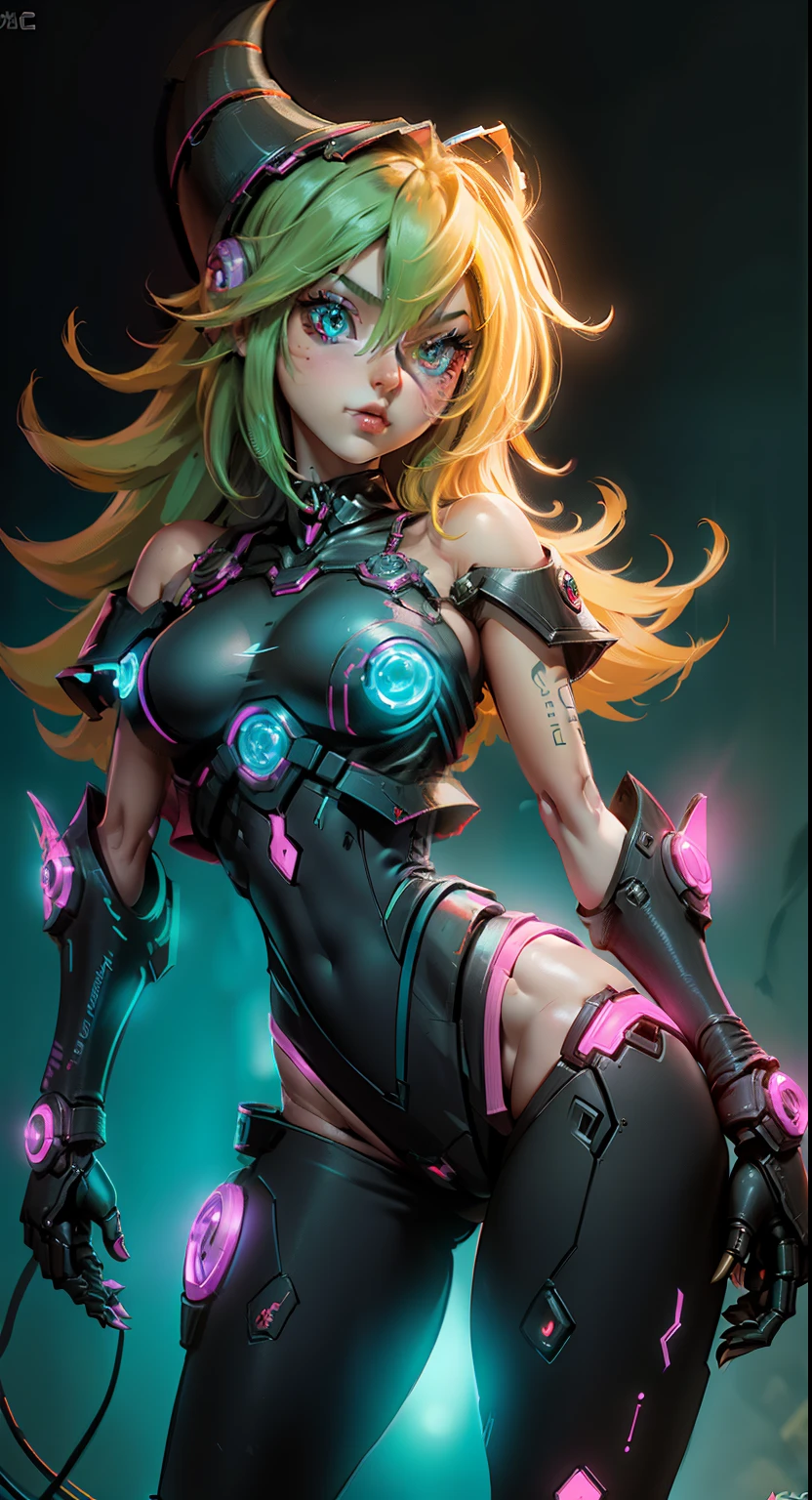 Dark magician gils. cuerpo mecanico sanguijuela，Chica de bits，caricaturesco，Q Version，robotic arm，Trazado de rayos，CG，neon light