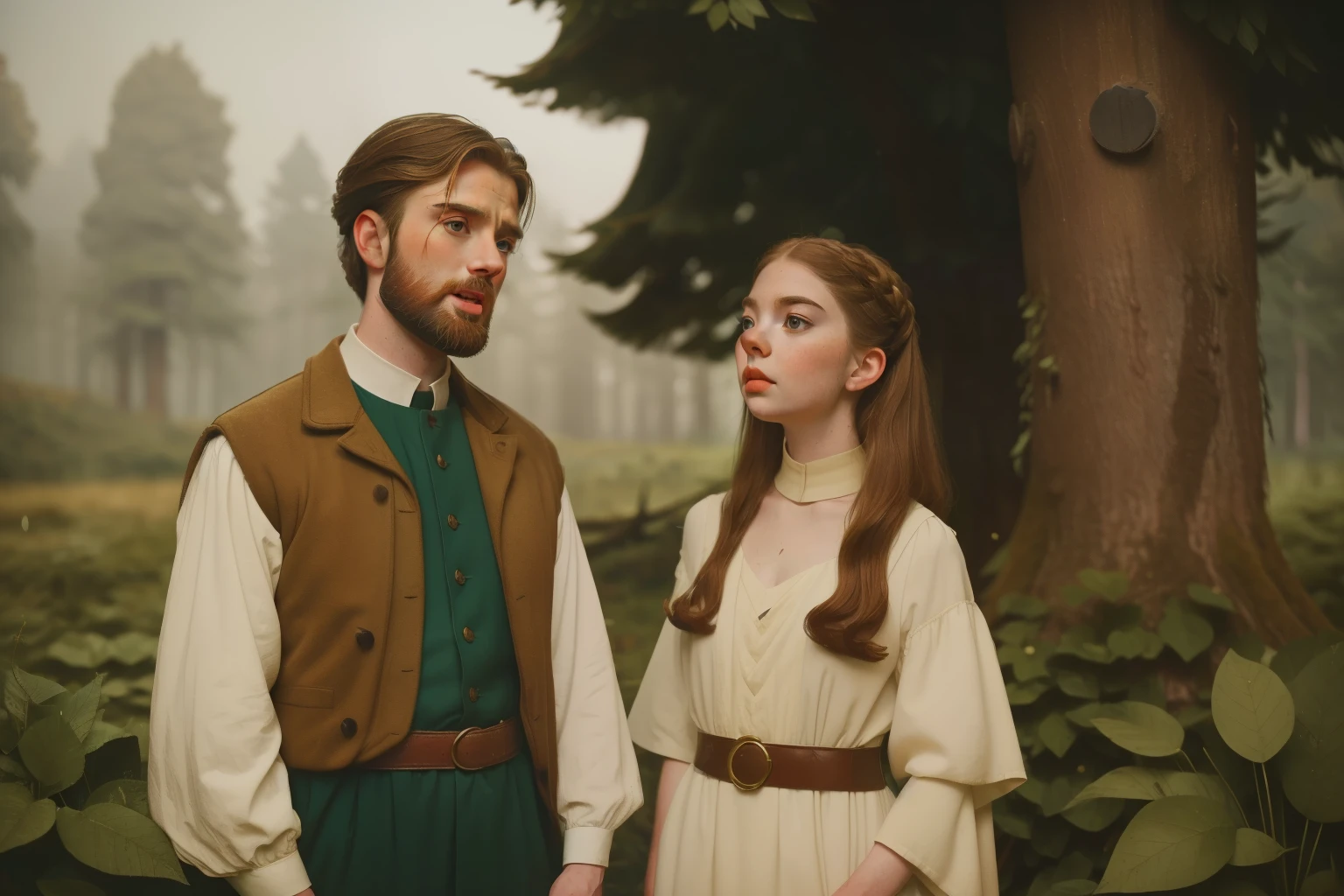 1136, England. otherworldly scene in a forest, ((((35-year-old)) bearded Chris Evans)), with Anya Taylor-Joy, ((((poor plain tunicfrom the 12th century)))), ((Hairstyle of the 12th century)), ((Wes Anderson cinematic style)), colorful