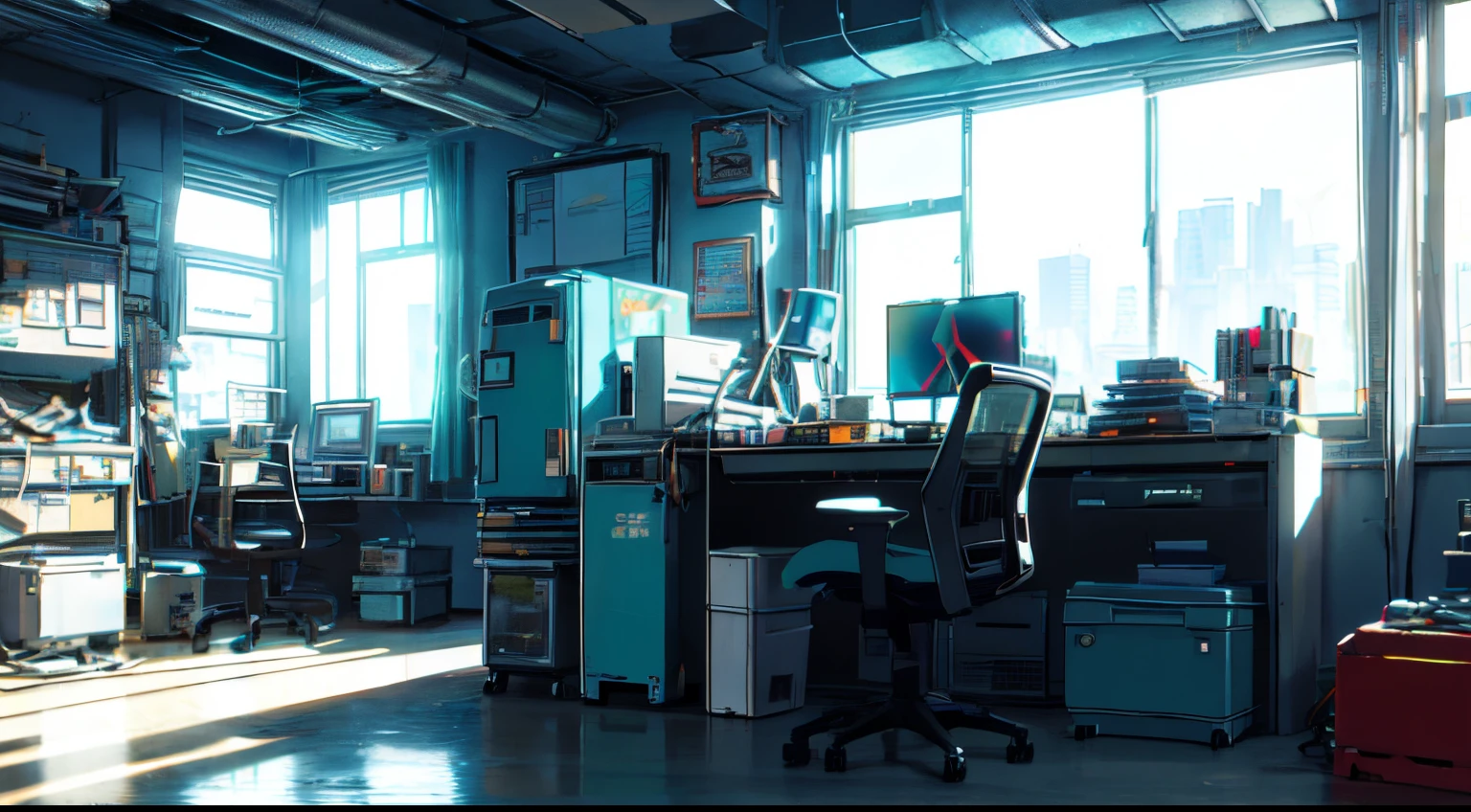 Cyberpunk style cluttered room. More neon. Many machines of unknown use. Large windows with a sense of openness. It is sunny outside. Sitting on a chair is Hatsune Miku.