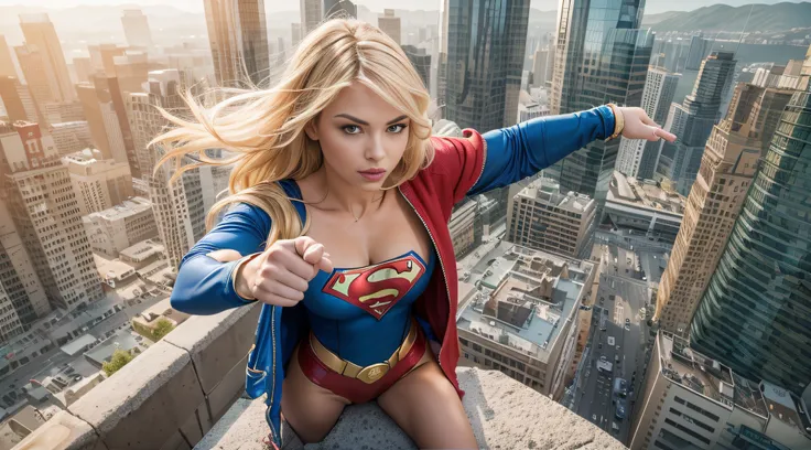 very sexy blonde supergirl on top of a skyscraper in metropolis city, pointing at the camera, wearing sexy super girl costume, v...