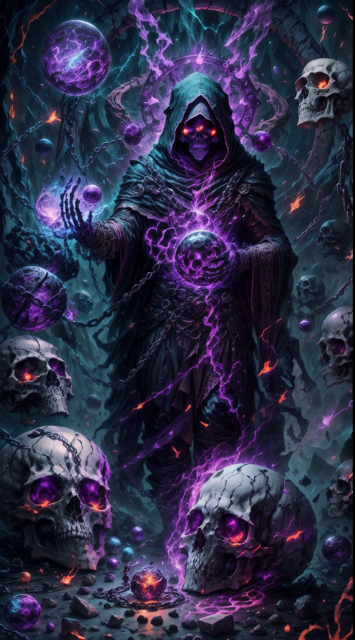 a dark runic skeleton lich, black gold skeleton, magical void energy, glowing eyes, death lightning, death energy ball floating on it's hand, casting a spell, energy cracking, bone hand, dressed in a luxury cloak, astral skulls floating around, earth and rock floating with energy as the lich hold, Detailed glowing runic line floating around, bones and skulls lays on the ground, dark purple energy, floating in the air, energy chain, magic circle on the ground,,Detailed,Realistic,4k highly detailed digital art,octane render, bioluminescent, 8K resolution concept art, realism,by Mappa studios,masterpiece,best quality,official art,illustration,ligne claire,(cool_color),perfect composition,absurdres, fantasy,focused,rule of third