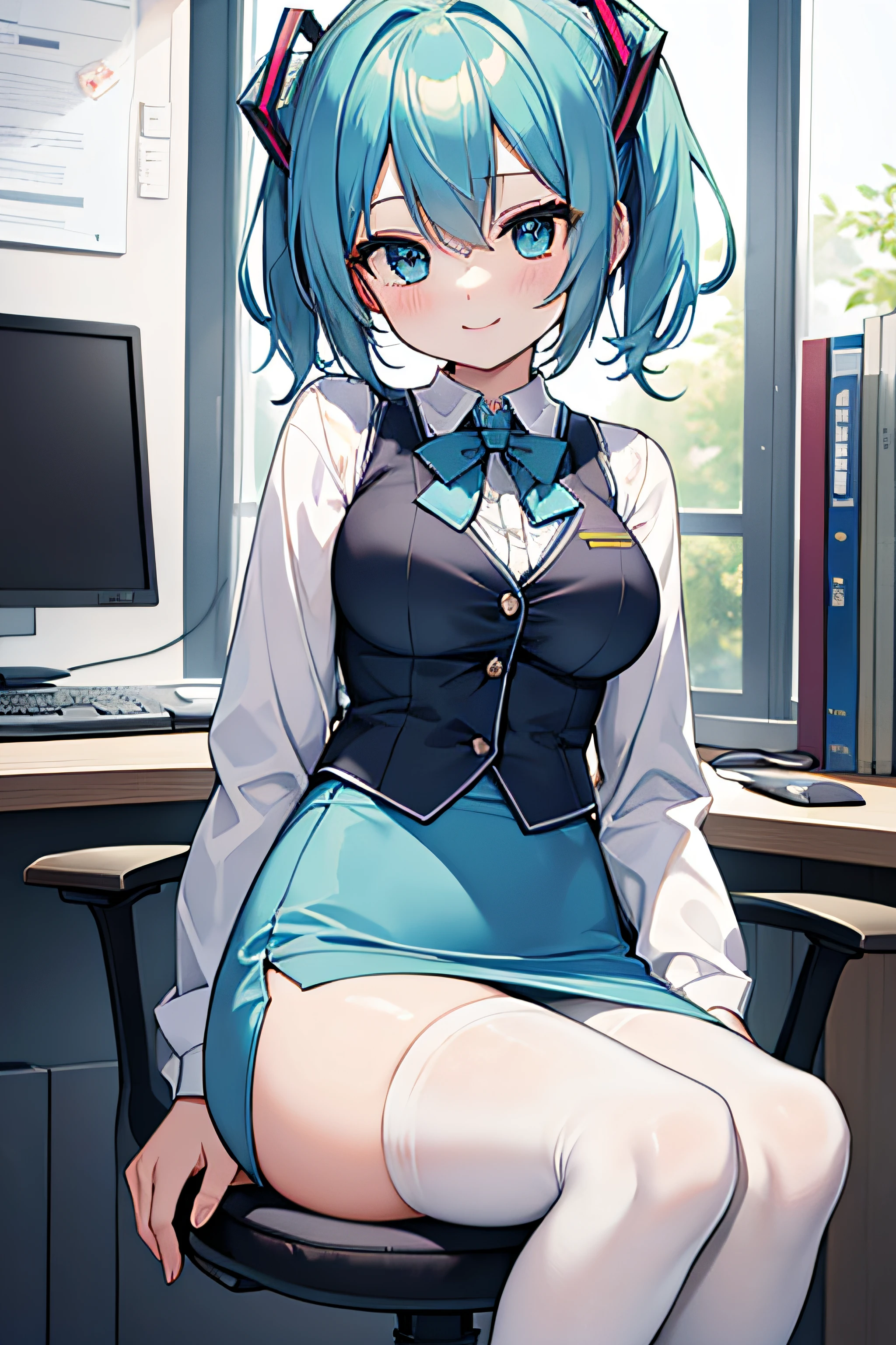 ​masterpiece、Top image quality、超A high resolution、miku hatsune、blue hairs、Twin-tailed、Short hair、Smile、OL Costume、White dress shirts、vests、pencil skirts、firm breasts、well-shaped breasts、Black pantyhose、Sitting in an office chair、Office