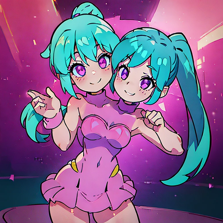 (highest quality, amazing details: 1.25), (2heads:1.5), 1girl, smiling, (teal hair), (petite figure:1.5) ,ponytail, violet eyes, casual wear, (pink turtleneck), (pink collar dress) ,medium breasts, different face impressions
