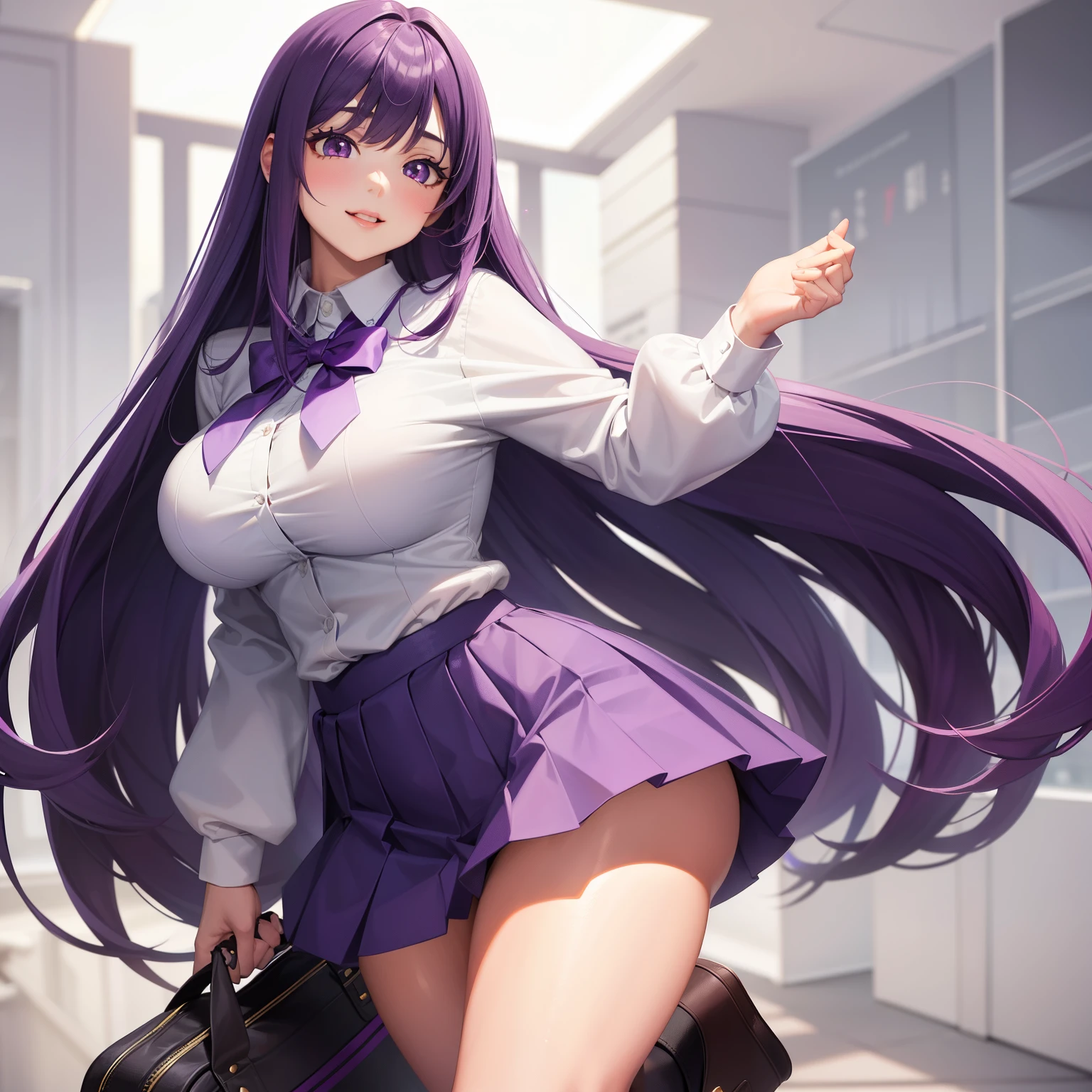(((Stretch your legs and turn your buttocks)))、Glasses、Uniform Blazer、Beautiful beauty、Long purple hair、((whole body))、(((Photo taken from below)))、school gate、Big Breastini skirt、Panties are blue lace、tall