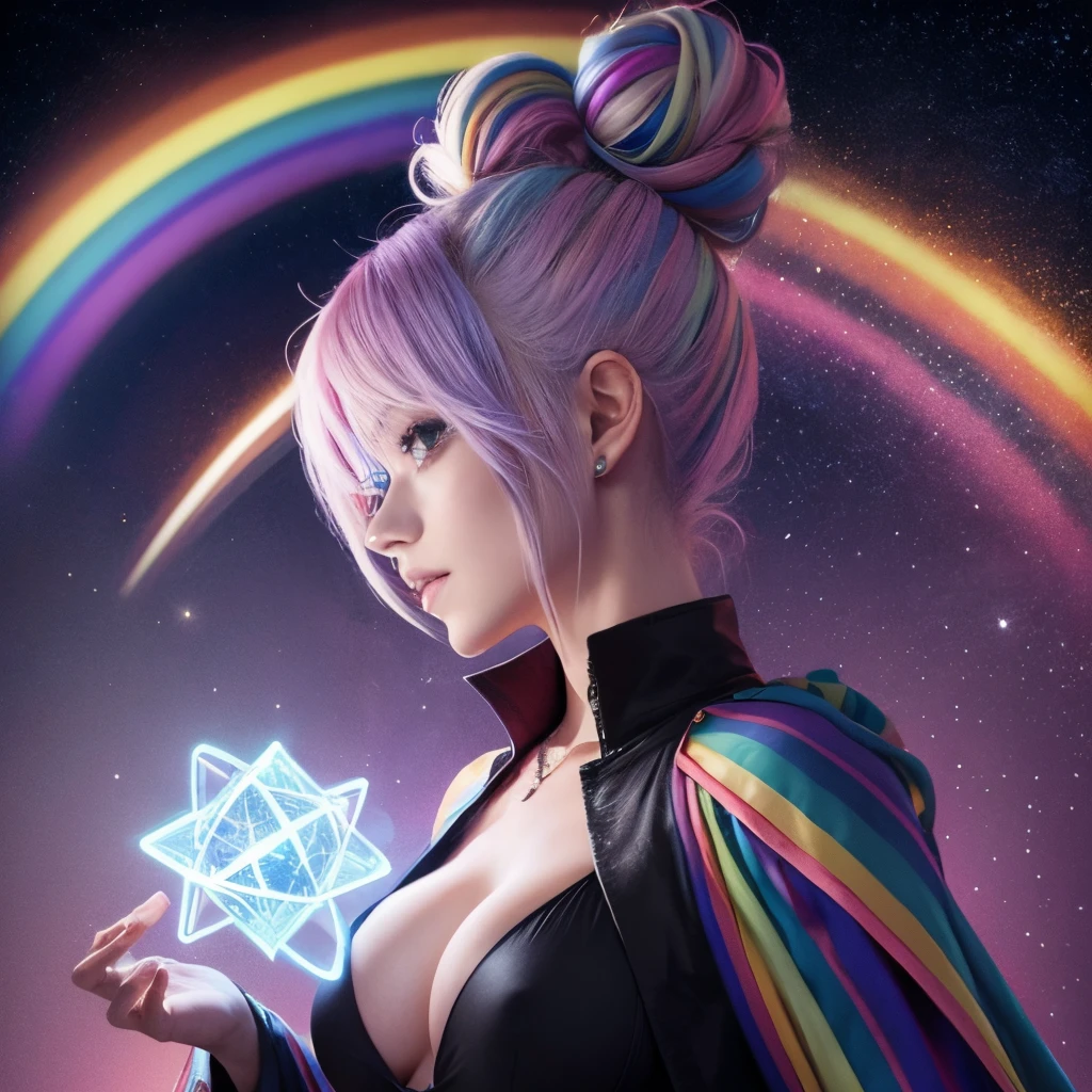 hair bun, rainbow hair, magician, wizard, stars, hat, medium breasts, facing forward