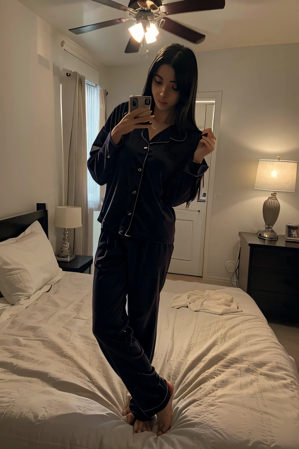 black-haired girl takes a full-length photograph of herself in the bedroom. Girl in pajamas. The girl must be super realistic