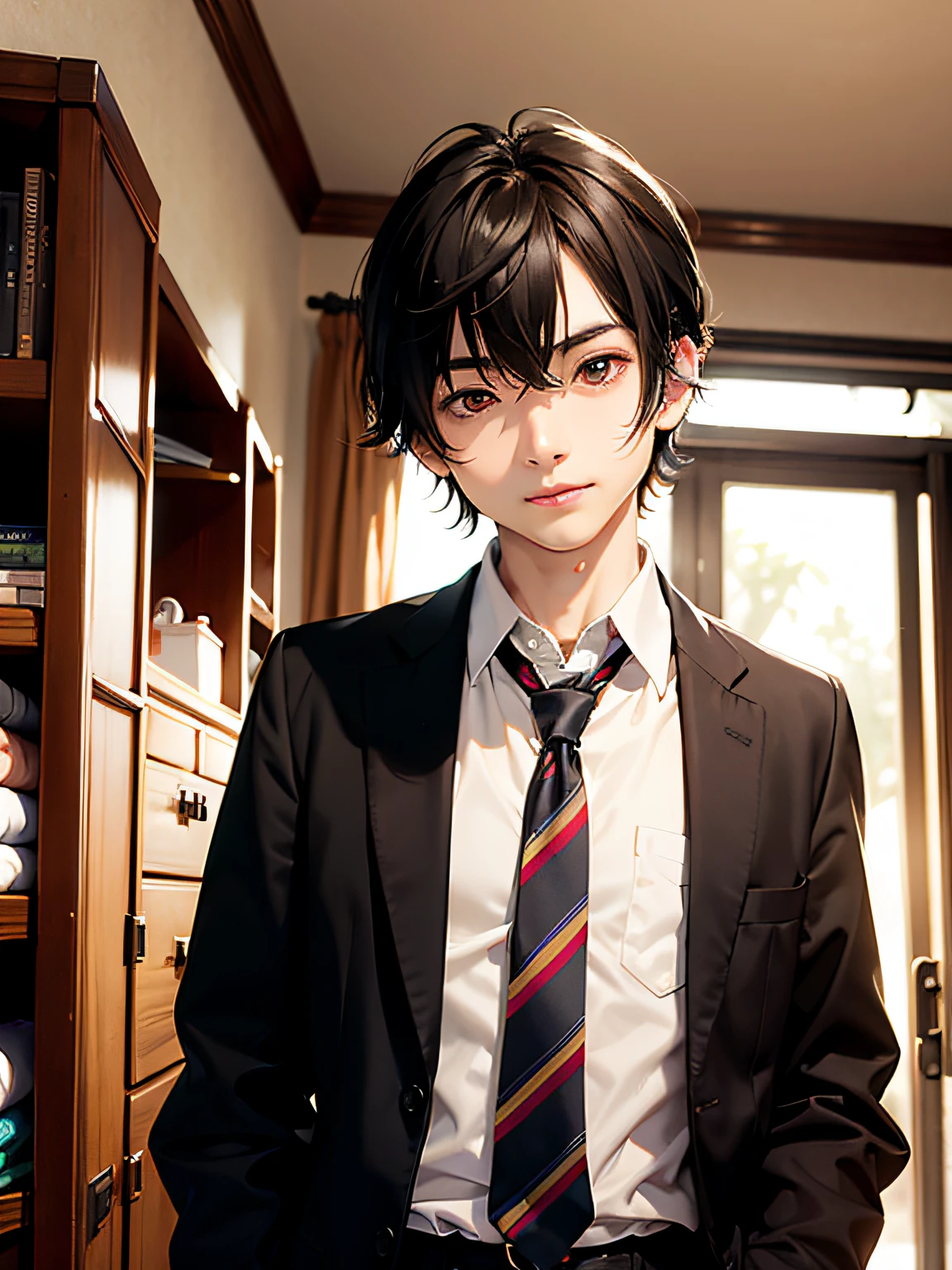 1 boy,11 only、(Man's :2),(bobhair:1.5)、A dark-haired、Brown hair、Undress、chum、Brightly colored ties、Cluttered rooms、Twilight,Natural lighting、hightquality、masutepiece,8K,hight resolution、NSFW,
