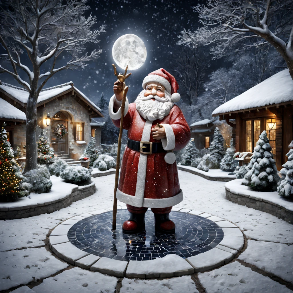 external garden, Mosaic Santa Sculpture, flagstone road, the night, hyper realisitc, mirai, hyper realisitc, winter landscape，[Gentle snowfall]，artistic décor, concept-art, Three-dimensional future, lightand shade contrast, Ray trachinosaic art), Best quality at best, A high resolution, Award-Awarded, tmasterpiece, 4K