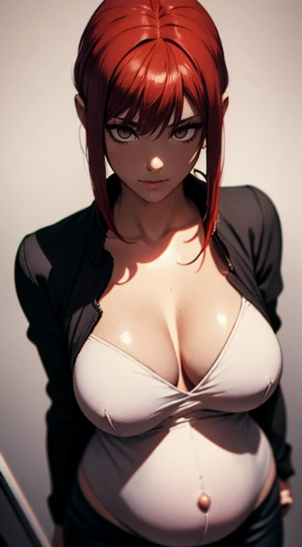 A  girl, sexypose, Nudie, The character Makima from the anime series Chainsaw Man, fragile, makima, Beautiful figure, Skinny black pants, red hair, Orange Eyes, white  shirt, sexypose, Realistic, Very detailed, handsome body, Detailed body, Detailed hands, Detailed, Vibrants, Detailed Face, Makima's character design. Very detailed, Detailed body, Detailed hands, Detailed Face, anime art, extremely detailed CG unity 8k wallpaper, detailed light, Cinematic lighting, chromatic aberration, glittering, expressionless, epic composition, dark in the background, Cherecter Desing, Very detailed, Detailed body, Vibrants, Detailed Face, sharp-focus, anime art, Vibrants, Detailed Face, Hugh Details, sharp-focus, Very drooping face, A detailed eye, super fine illustration, better shadow, finely detail, Beautiful detailed glow, Beautiful detailed, Extremely detailed, expressionless, epic composition, Presented at artstation, Octane Render, artstation hd, Cinematic, 4 thousand., hypermaximalist, elegant, pregnant