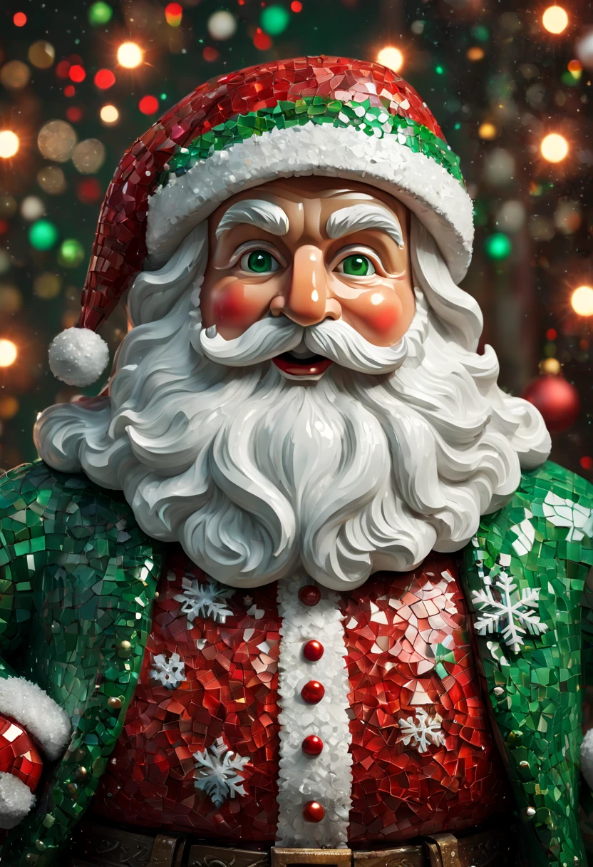 (best quality,highres,ultra-detailed,masterpiece:1.2),mosaic Santa Claus sculpture,illustration,realistic,Christmas,red and green colors,studio lighting,detailed beard and mustache,detailed eyes and face,colorful ornaments,sparkling lights,snowflakes,magical atmosphere,winter wonderland