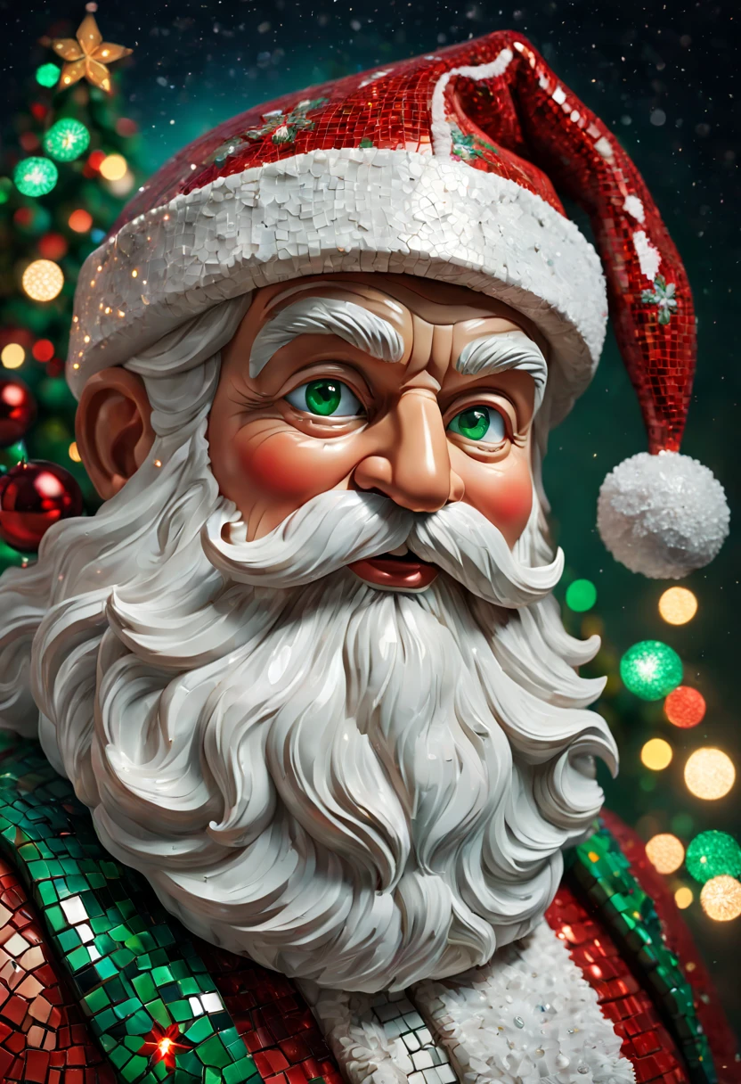 (best quality,highres,ultra-detailed,masterpiece:1.2),mosaic Santa Claus sculpture,illustration,realistic,Christmas,red and green colors,studio lighting,detailed beard and mustache,detailed eyes and face,colorful ornaments,sparkling lights,snowflakes,magical atmosphere,winter wonderland