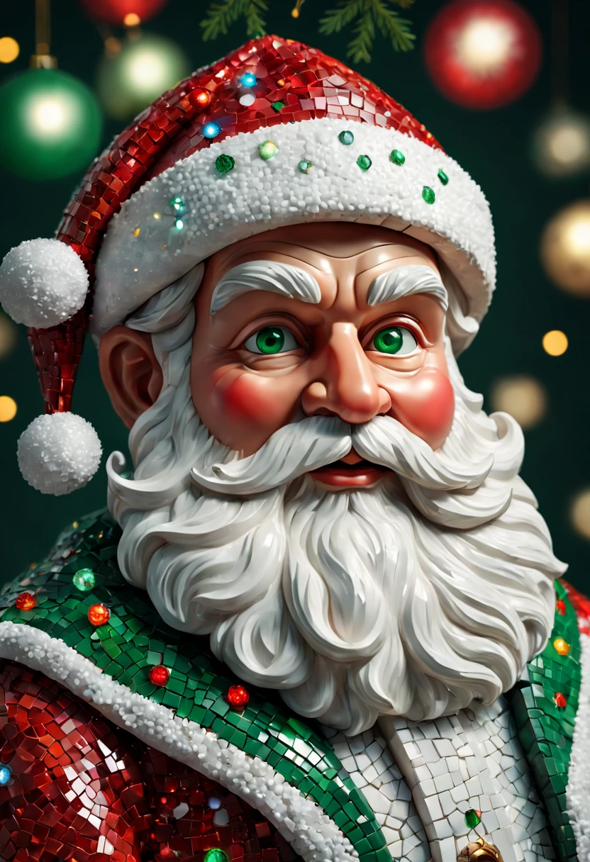 (best quality,highres,ultra-detailed,masterpiece:1.2),mosaic Santa Claus sculpture,illustration,realistic,Christmas,red and green colors,studio lighting,detailed beard and mustache,detailed eyes and face,colorful ornaments,sparkling lights,snowflakes,magical atmosphere,winter wonderland
