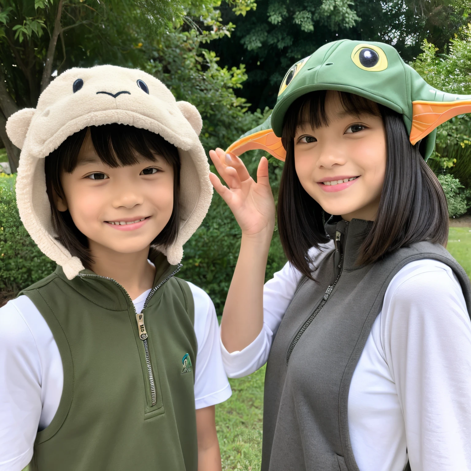 Two girls are wearing dinosaur headgear.The dinosaur is green, and it looks like a face is coming out of the dinosaur's mouth.The girl on the left is wearing a khaki-colored jumper, and the girl on the right has a haircut near her face. is wearing a gray half-zip and black down vest, and is posing in a good pose close to her face.They are both smiling.The child on the left has double hair, and the child on the right has single hair.They both have bangs on the left. There are two separate fingers on the child's fingers.々has a ring on his finger