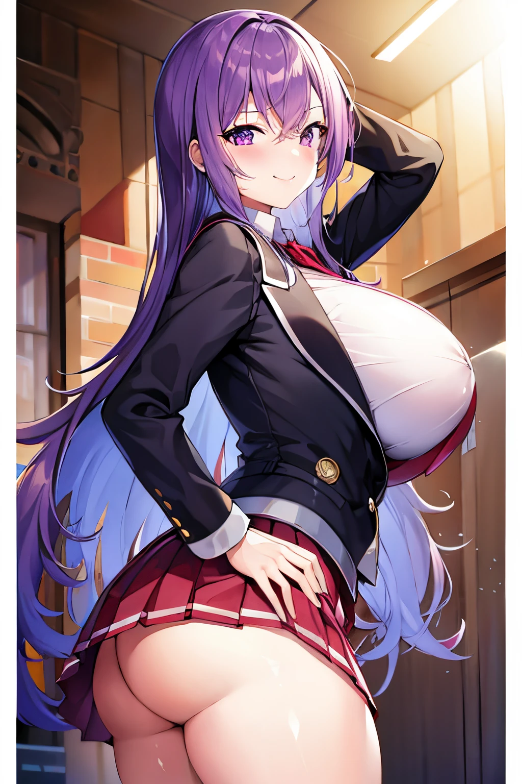 Highres, 1 girl, long purple hair, straight hair, purple eyes, Thick lips, shiny lips, school uniforms, mini skirts, tight uniforms, big tits, big buttocks, Small hips, sexy body, shy, red cheeks, school, very big breasts, very big Thigh, Bright skin, smile, huge breats, High school girl, sexy body