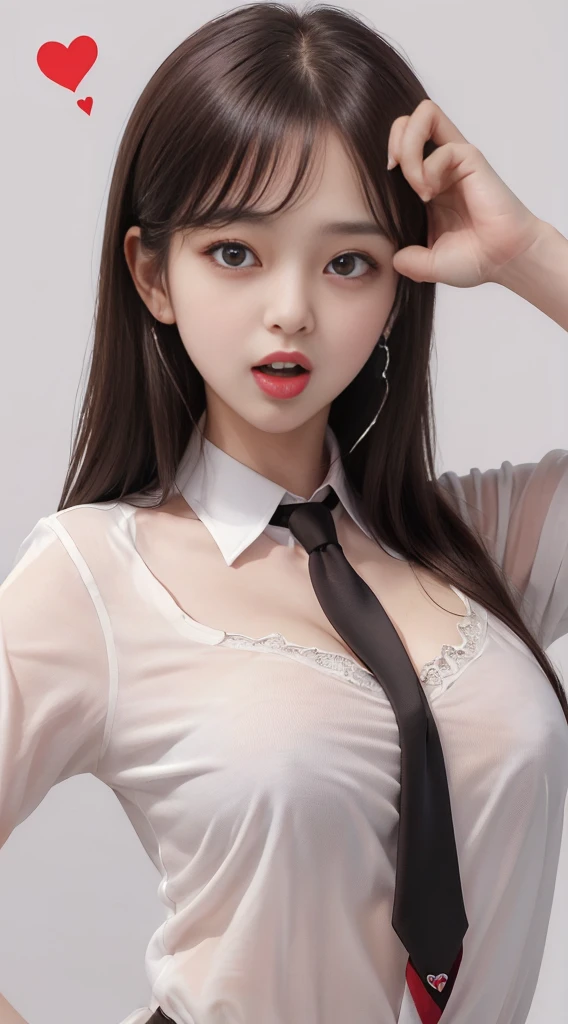 Heart-shaped pupil,(SFW), (masutepiece:1.2), Best Quality, masutepiece, hight resolution, Original, highly detailed wallpaper, (Ultra-detailed), (Best Illustration), (Best Shadow), (Kobeni), huge tit , perky breast, (White collared shirt), (blood stain:1.1), (terrorism:1.2), (black necktie), (Shirt stains), (Stained), girl with, Looking at Viewer, (Scared:1.2), (Tears:1.1), (Brown eyes), (piece sign),Tongue out, tongue, Heart-shaped pupil,Provocative eyes