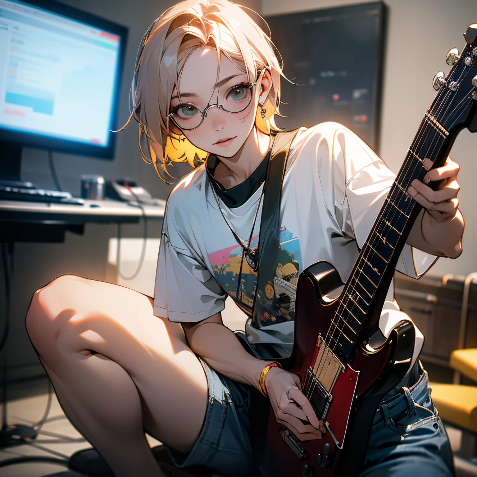 , 4K, masutepiece, High resolution, very intricate) (Realistic: 1.4), 2020s (Style), denim lens, Indoor, Short sleeve T-shirt, guitar, animesque