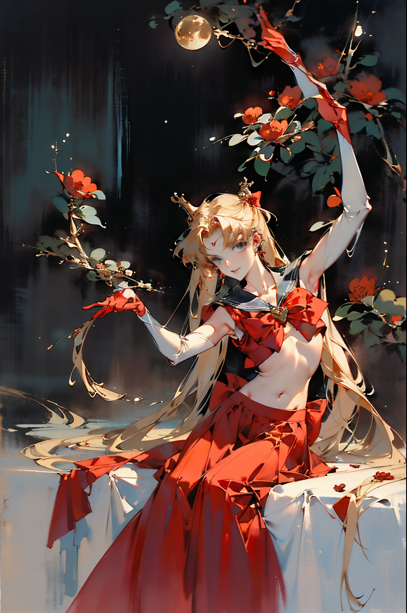 ((tmasterpiece)),((quality)),((Best quality at best)),((offcial art)),((Beauty and aesthetics)),(younger female,Conn#39;satisfy her:1.3),((lacivious pose)),((Sexual suggestiveness)),((leaning backward)), ((Sit up,The right leg bent)),((Mariner Moon:1.6,Mariner Moon)), ((Revealed,plum,convex,)),((There a large red bow on the chest,upper arm:1.6)),((Long blonde hair, dual horsetail)),((Sailor Moon Aesthetics)),((Puffy skirt)),((dream core)),((The content very detailed)),(s fractal art:1.3),(flowers blooming:1.3),((ultra - detailed)), ((Very meticulous)),(One color:1.2)( tangled:1.2), (dynamicposes), (abstract backgrounds:1.3), (Traditional Chinese fabrics:1.2), (Skin glows), (Lots of colors:1.4), ,(ear nipple ring:1.4),(Decorative painting:1.6,), lamplight,Ink painting and watercolor,ink,water ink,(Detailed faces:1.5),((詳細な目,beautidful eyes,long eyelasher)),((ssmile)),((fat)),((anatomically perfect example:1.6,big chest and thin waist)),((Clean the skin)),((anatomically correct limbs:1.6)),((correct hand:1.6,Complete and beautiful five fingers:1.6)),(many, Impresionismo, oil painted),(many, Impresionismo, oil painted),