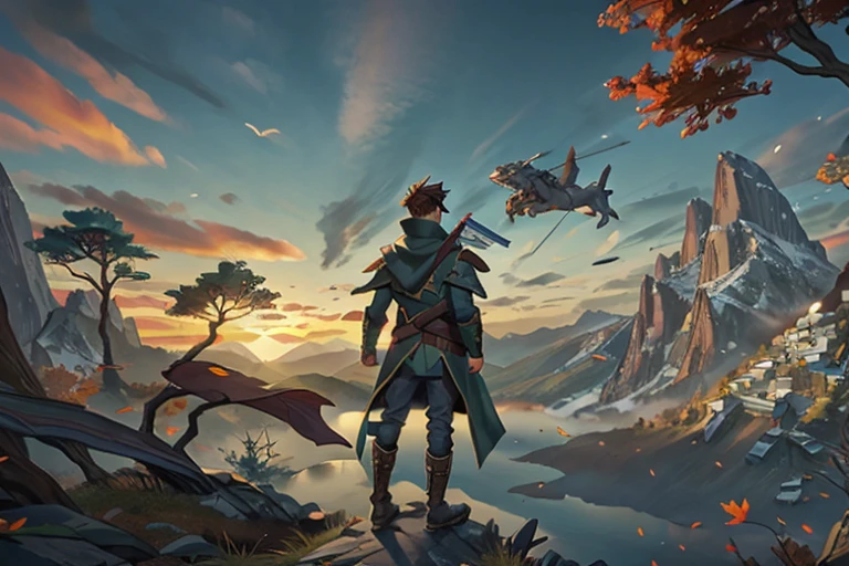 a 19 year old boy in vigilante clothes standing on the top of a clip of a mountain beside a tree, several mountains on the background, sunset time, tree on the clip, a small river at the bottom,  a pet wolf on the side of the boy, the leaves of the tree are brown, a futuristic mountain bike on some distance from boy,hoverboard on the bike, dragons flying in the sky, 4k resolution, ultra realistic, dark green long coat,a damaged brown cape,a sword on his back, jetpack boots, a nanotech watch, a high tech bow on his back,two guns on both side of his legs, back view, kunai stored around his waist