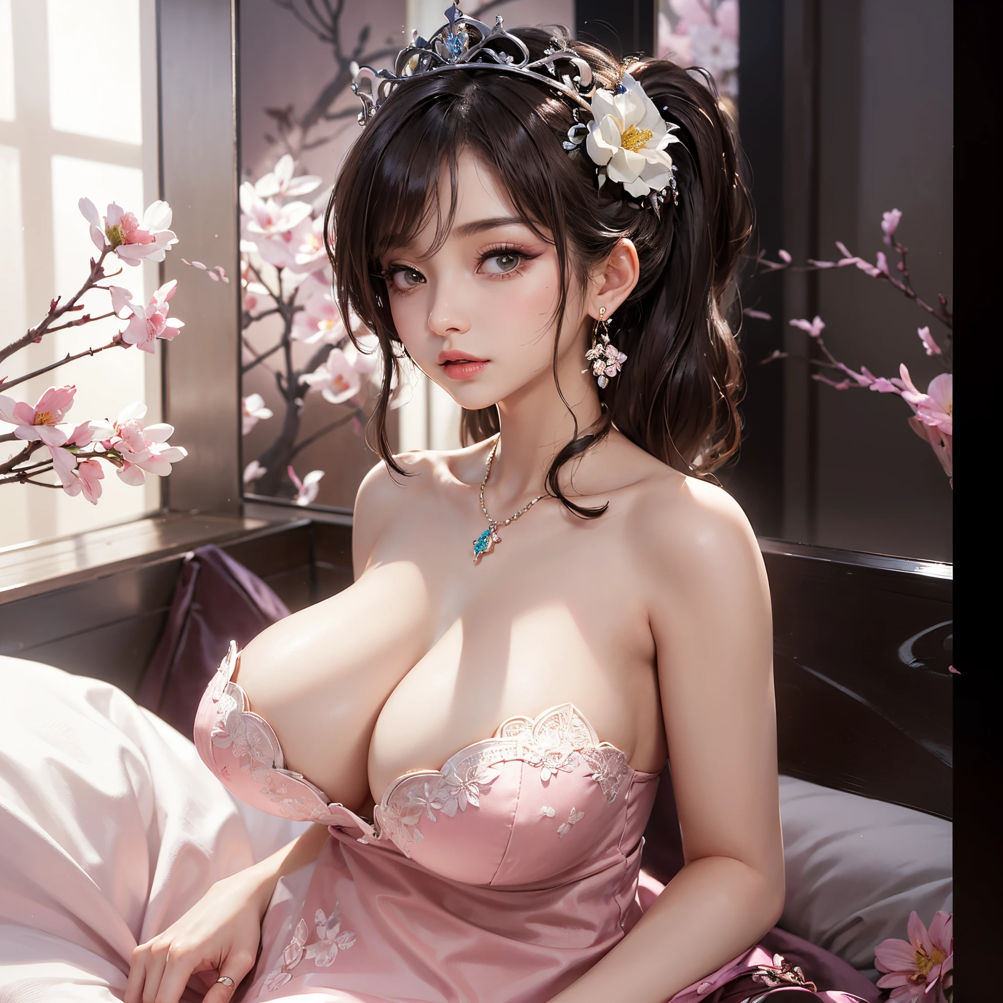beautifull lady with very gigantic breast, medium ponytail hair, prown pose show her sexy back on luxury pillow near pink sakura tree) , ((remove clothes)), Nude, (flower earring), (flower crown), (show cleaveage), (show underboobs) , (show sideboobs), (show thigh), (detailed flower hairpin), (detailed flower underboobs ornament), (detailed luxury flower chest ornament), (detailed luxury flower arm ornament), (detail flower hips ornament), expensive detailed flower necklace, (very gigantict:1,9), beautifull pink sakura tree, detail sakura tree, detail pink flower field, detail pink flower background, beautifull face, pretty face, beautifull eyes, beautifull nose, sexy lips, pink nails, raytracing, nsfw, beautifull fingers, beautifull hands, sexy back, sexy shoulders, sexy legs, sexy hips, (luxury bracelet), (luxury ring), (luxury earring), (luxury necklace), (4 fingers in 1 hand), white skin, full body picture, pretty makeup, ((low angle camera)), (((NSFW))), ((nipples))