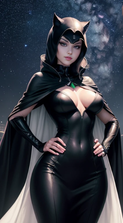 shot below eye level, black and white photorealism, handsome girl, (Hand on hip: 1.3), green colored eyes, pink lips, Slender figure, I'm standing on the roof of a high-rise building, endearing smile, (Catwoman: 1.1), long cloak on the shoulders, The perfect female face, A detailed eye, long eyelashes, (a starry sky: 1.2)