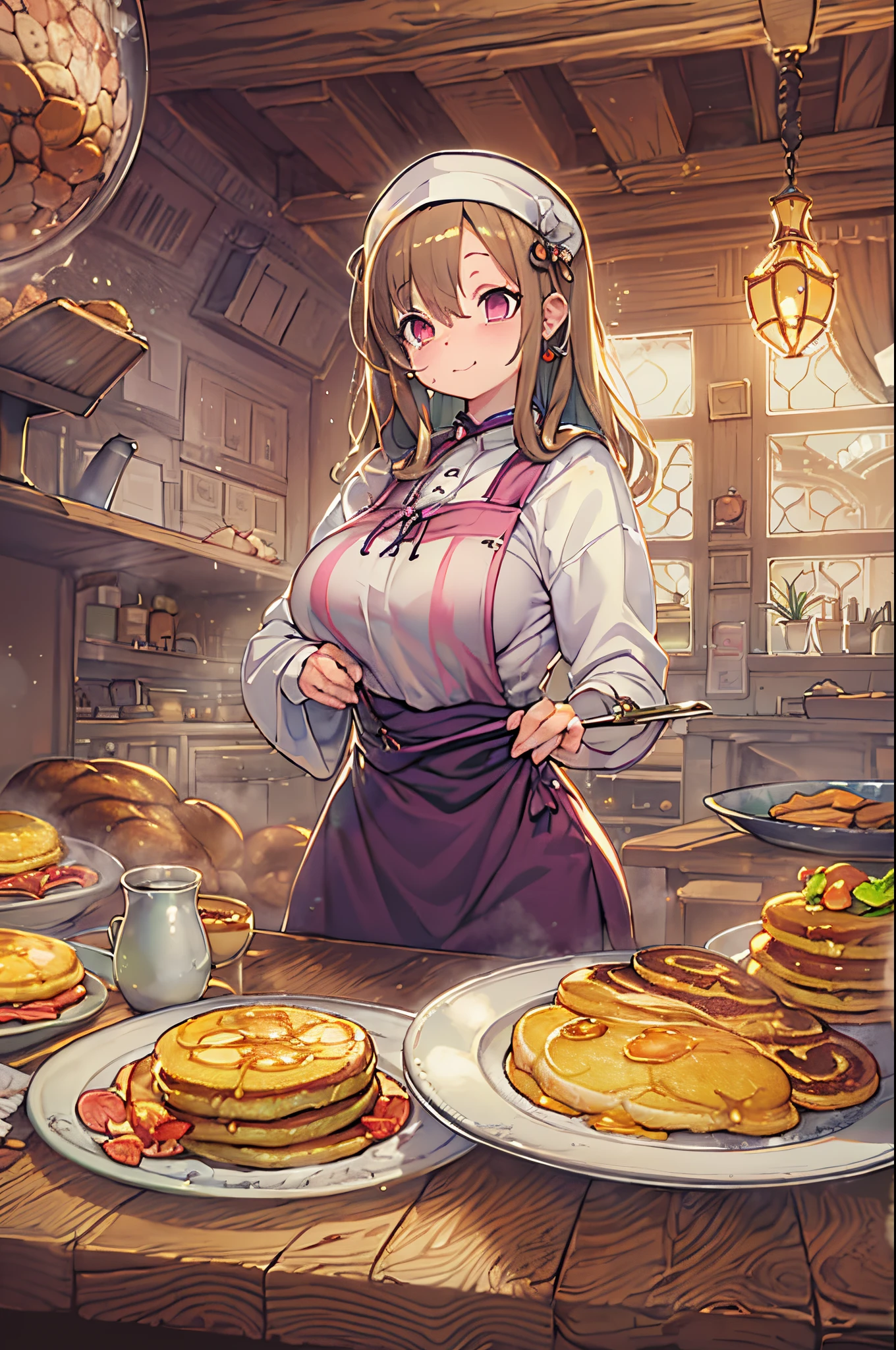 WRC style, Woman, lewd pose, The appearance of a seductive appearance, Apron, kitchin, medieval setting、Eat pancakes、pancake