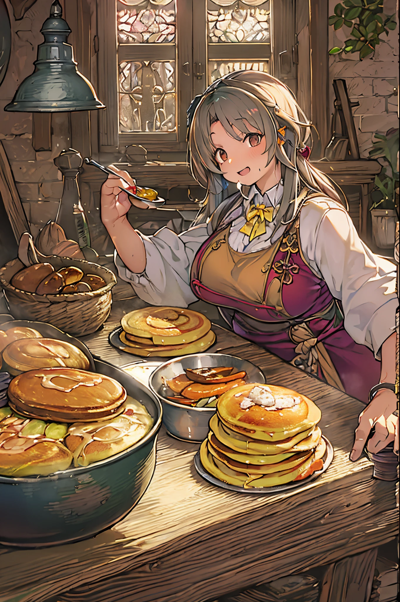 WRC style, Woman, lewd pose, The appearance of a seductive appearance, Apron, kitchin, medieval setting、Eat pancakes、pancake