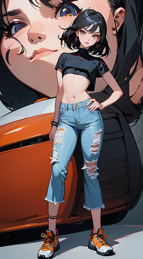 illustration, 2.5D, flat colors: 1.3, Line-Art, black and white, (detailed lights, detailed shadows),a close up of a woman in a crop top and jeans, cindy avelino, baggy jeans, roseanne park of blackpink, she wearing streetwear, wearing a sexy cropped top, wearing casual clothes, casual pose, wearing crop top, korean women's fashion model, hip hop style, jossi of blackpink, full body photoshoot, wearing a cropped tops,((modern clothes )) Looking at the Viewer, looking at the camera