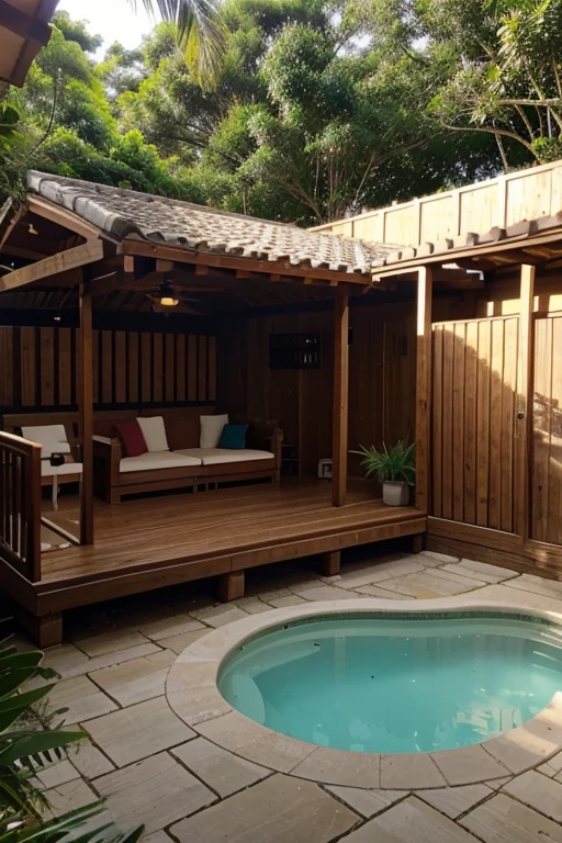 narrow and long outdoor leisure area, com churrasqueira, spa de hidromassagem, service area and bathroom.