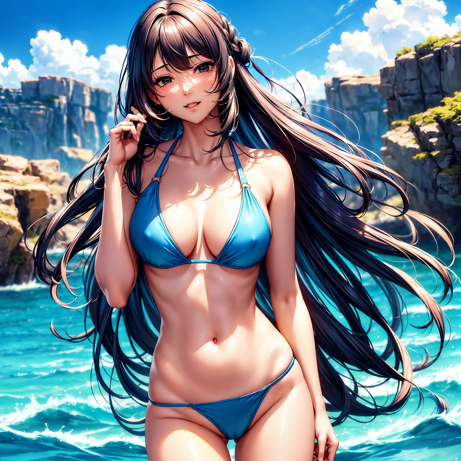 (top quality picture、masterpiece level、very high res、超A high resolution,High quality detailing)、(A 24-year-old beautiful girl with perfect and ultimate beauty..,beautiful breasts and figure,Beautiful body,美丽的面容,Strong-willed eyes:1.5)、(There are many variations of hairstyles,Bangs are neatly arranged,long straight hair on the side,Beautiful hair:1.2),lifelike textures,Beautiful colors,(Wearing a beautiful colored bikini swimsuit,Brightly colored bikini swimsuit,Wear a bikini swimsuit with beautiful colors and patterns,Wear bikini swimsuits with beautiful colors and patterns:1.2),Have a bright smile,line of sight,Mouth opens,(The wind is blowing,Hair flutters under the influence of the wind:1.2),Outdoor pool,Night Pool,nighttime scene,Beautiful Landscapes,(The whole body,accurate anatomy、extremely detailed picture、Accurate images、Perfect Image 1.5)、beautiful anime woman, Beautiful Art Style, an animated character、(The whole picture、Detailed picture、Defect-free images、natural soft light、beautiful image),(Best Shot 1.2)