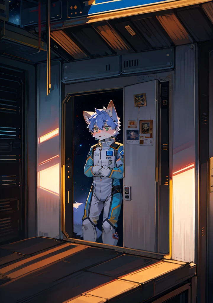 (高画質, 电影灯光, Ray traching, ultraclear) full bodyesbian, cat ear boy white shirt, Big furry wolf tail + Long ears, Three fur textures whiue intertwined, wearing spacesuit, The future marshal's war command uniform sets off his heroic and mysterious temperament, Sunrise seen outside the space station, Space station orbits the earth.