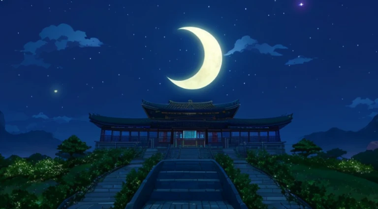 Night view of a crescent-shaped building and a path, Anime beautiful peaceful scene, 《Kola Legend》Set, beautiful anime scenes, anime backgrounds, a temple background, anime scene, Anime background art, Mysterious temple setting, Starry sky environment in moonlight, night time moonlight, Today’s recommended anime  still, Moon Night, Zen temple background, beautiful as the moon