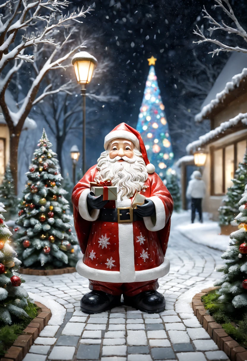 external garden, Mosaic Santa Sculpture, Take the gift，flagstone road, the night, hyper realisitc, mirai, hyper realisitc, winter landscape，[Gentle snowfall]，[Christmas tree]，artistic décor, concept-art, Three-dimensional future, lightand shade contrast, Ray trachinosaic art), Best quality at best, A high resolution, Award-Awarded, tmasterpiece, 4K