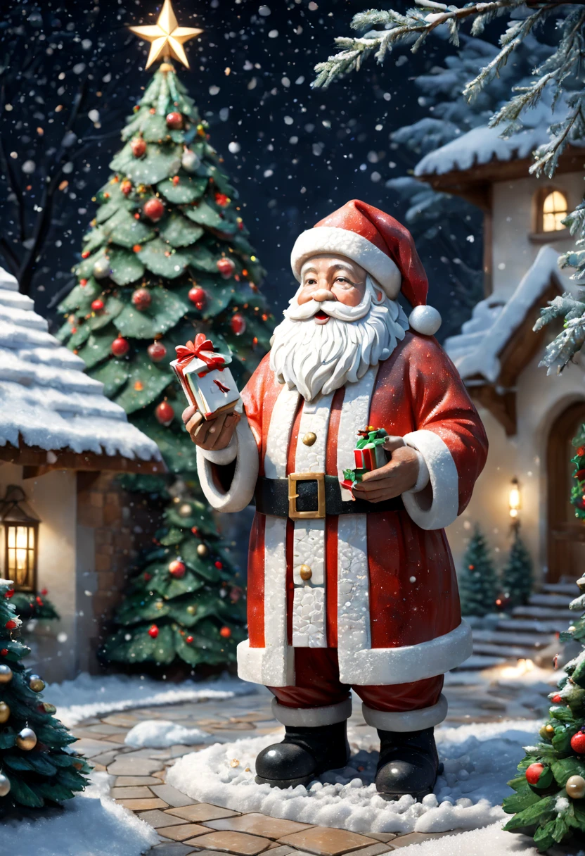 external garden, Mosaic Santa Sculpture, Take the gift，flagstone road, the night, hyper realisitc, mirai, hyper realisitc, winter landscape，[Gentle snowfall]，[Christmas tree]，artistic décor, concept-art, Three-dimensional future, lightand shade contrast, Ray trachinosaic art), Best quality at best, A high resolution, Award-Awarded, tmasterpiece, 4K
