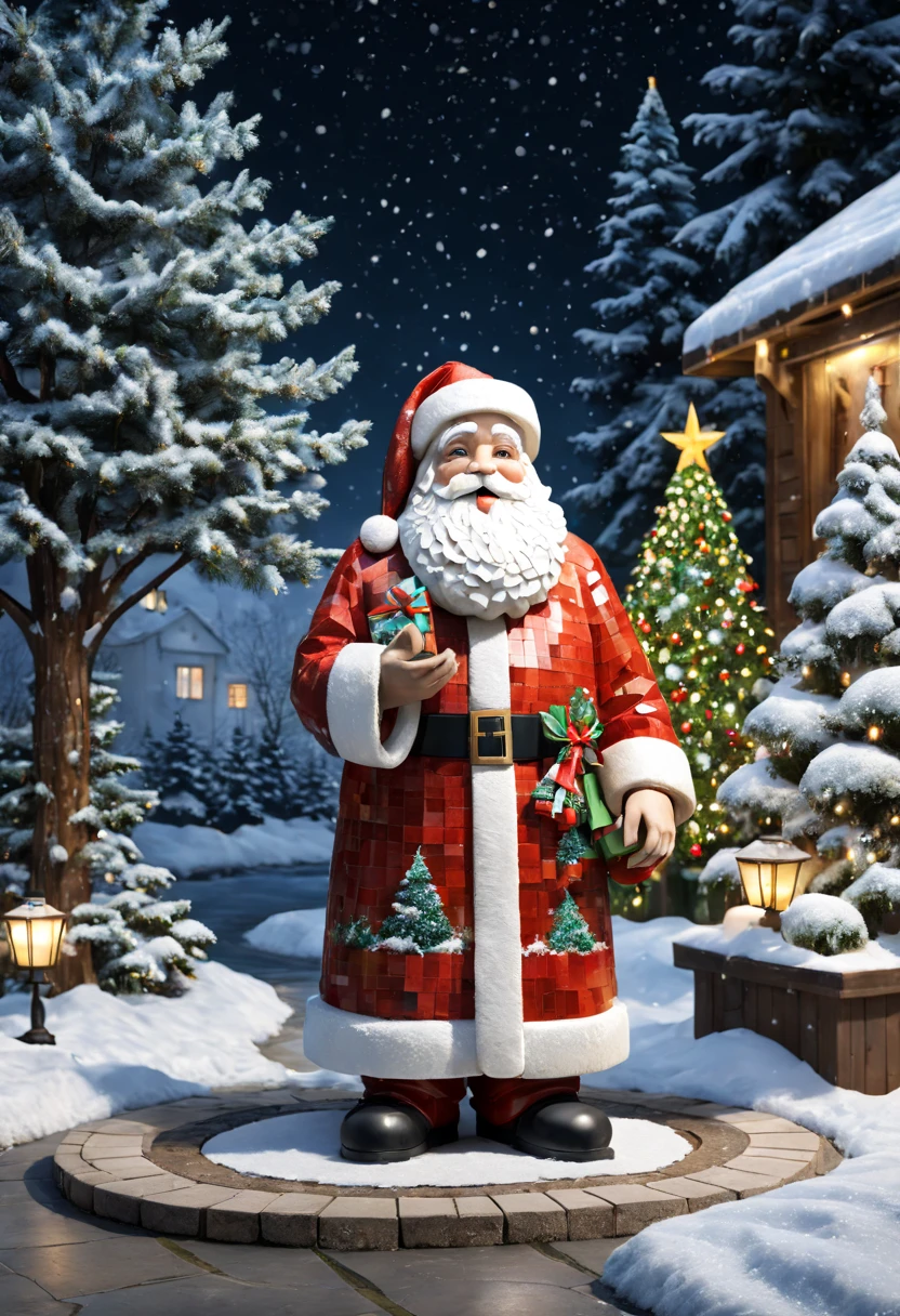 external garden, Mosaic Santa Sculpture, Take the gift，flagstone road, the night, hyper realisitc, mirai, hyper realisitc, winter landscape，[Gentle snowfall]，[Christmas tree]，artistic décor, concept-art, Three-dimensional future, lightand shade contrast, Ray trachinosaic art), Best quality at best, A high resolution, Award-Awarded, tmasterpiece, 4K