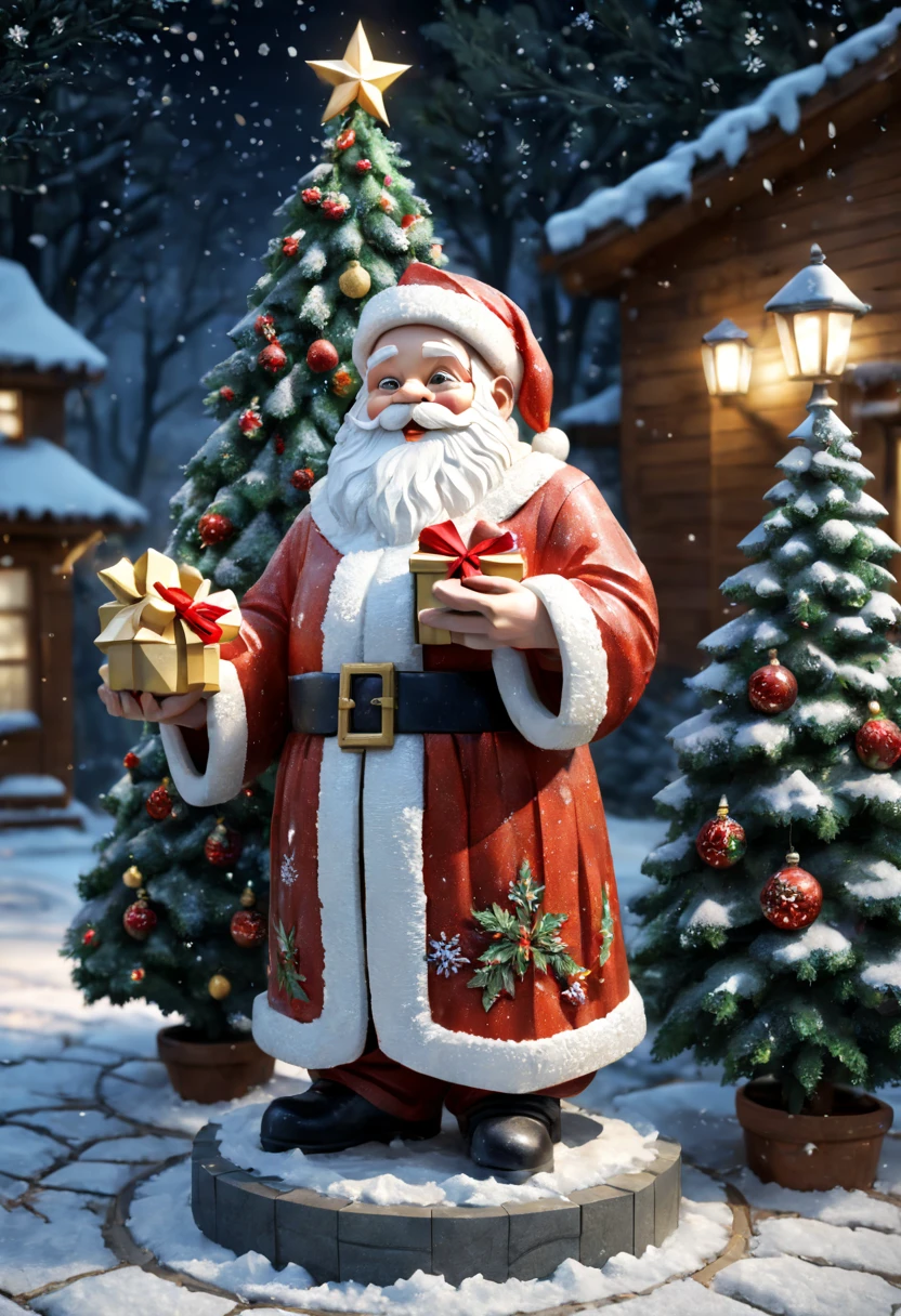 external garden, Mosaic Santa Sculpture, Take the gift，flagstone road, the night, hyper realisitc, mirai, hyper realisitc, winter landscape，[Gentle snowfall]，[Christmas tree]，artistic décor, concept-art, Three-dimensional future, lightand shade contrast, Ray trachinosaic art), Best quality at best, A high resolution, Award-Awarded, tmasterpiece, 4K
