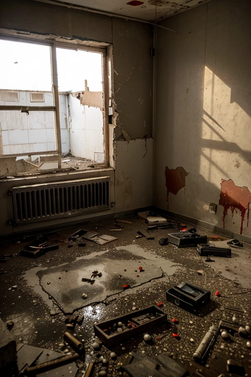 Abandoned and destroyed room, full of bullet shells and blood on the floor