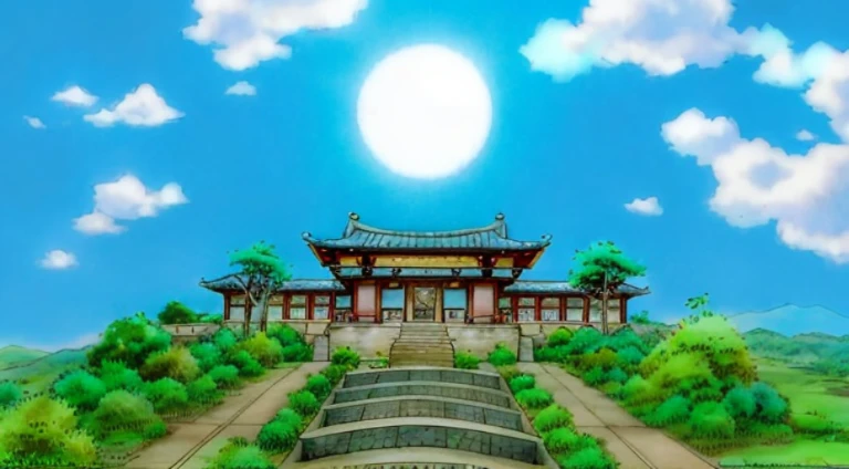 View of buildings with sky background and sun, a temple background, Mysterious temple setting, Zen temple background, background depicting a temple, anime scene, dojo on a mountain, anime backgrounds, Anime beautiful peaceful scene, japanese feudal background, 《Kola Legend》Set, japanese temples, Anime landscapes, japanese temples, Opening scene, Ehime