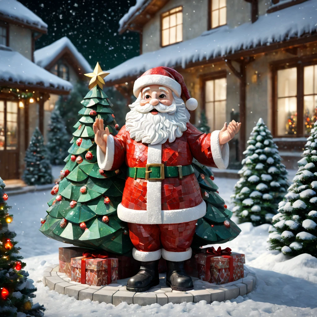 external garden, Mosaic Santa Sculpture, Take the gift，flagstone road, the night, hyper realisitc, mirai, red and green，hyper realisitc, winter landscape，[Gentle snowfall]，[Christmas tree]，artistic décor, concept-art, Three-dimensional future, lightand shade contrast, Ray trachinosaic art), Best quality at best, A high resolution, Award-Awarded, tmasterpiece, 4K