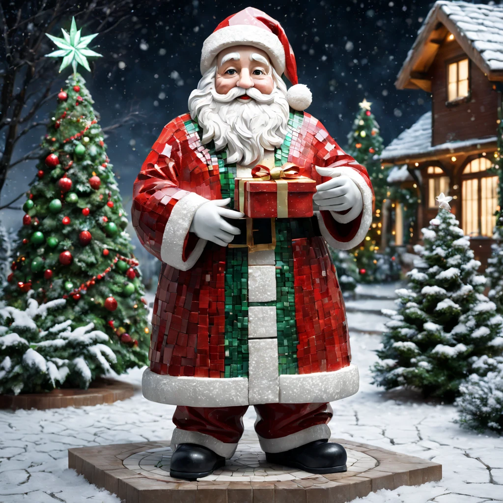 external garden, Mosaic Santa Sculpture, Take the gift，flagstone road, the night, hyper realisitc, mirai, red and green，hyper realisitc, winter landscape，[Gentle snowfall]，[Christmas tree]，artistic décor, concept-art, Three-dimensional future, lightand shade contrast, Ray trachinosaic art), Best quality at best, A high resolution, Award-Awarded, tmasterpiece, 4K
