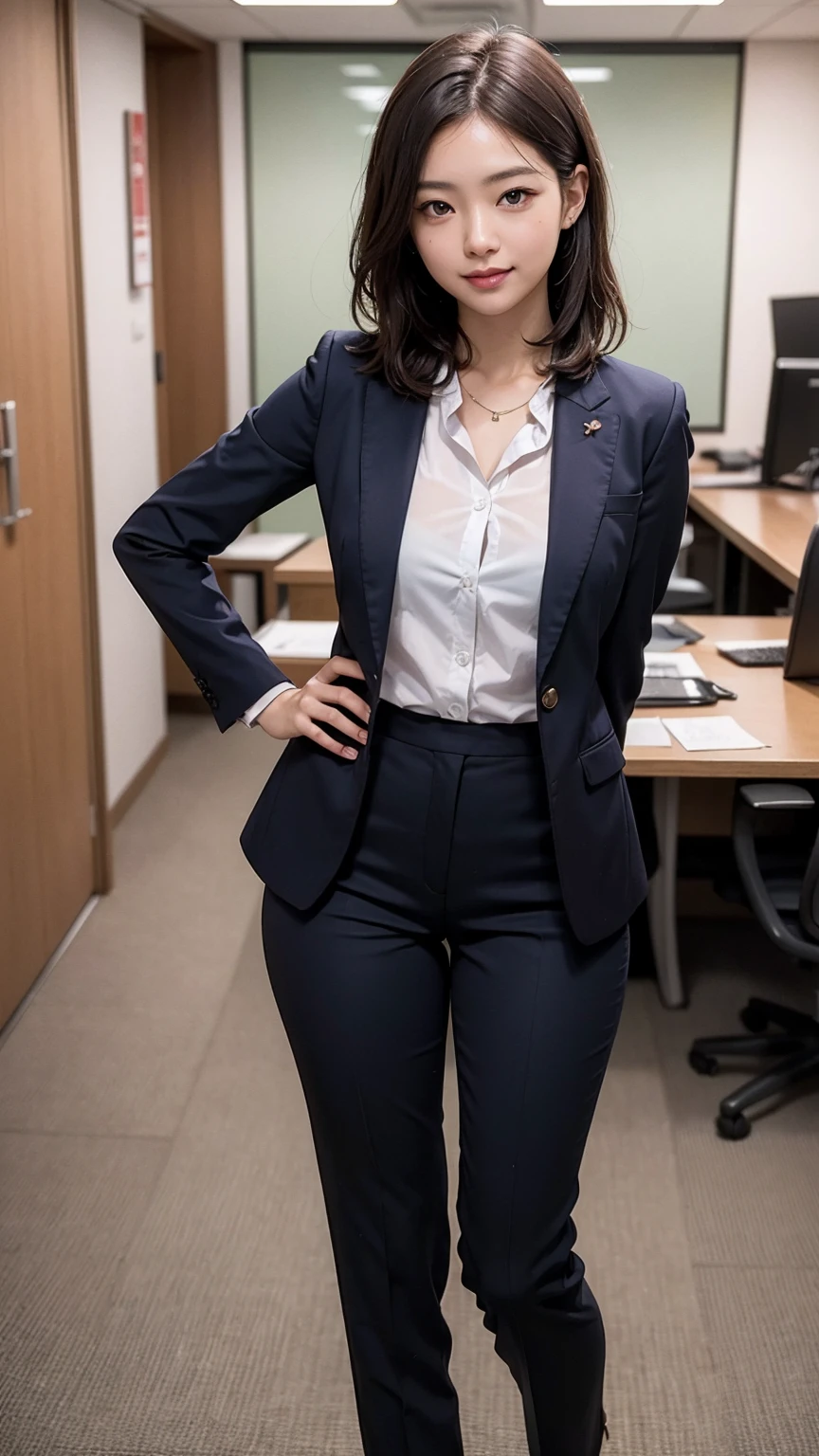 (Masterpiece:1.3), (8K, Photorealistic, RAW Photography, Best Quality: 1.4), Japan, Beautiful Face, (Realistic Face), (Medium Hair:1.3), Realistic Eyes, Beautiful Eyes, (Real Skin), Beautiful Skin, Attractive, Ultra High Definition, Ultra Realistic, High Definition, Beautiful Japan woman, grey suit, open jacket, office lady, suit, pants, office, desk, (sticking out buttocks: 1.2), detailed face, long hair, smile,